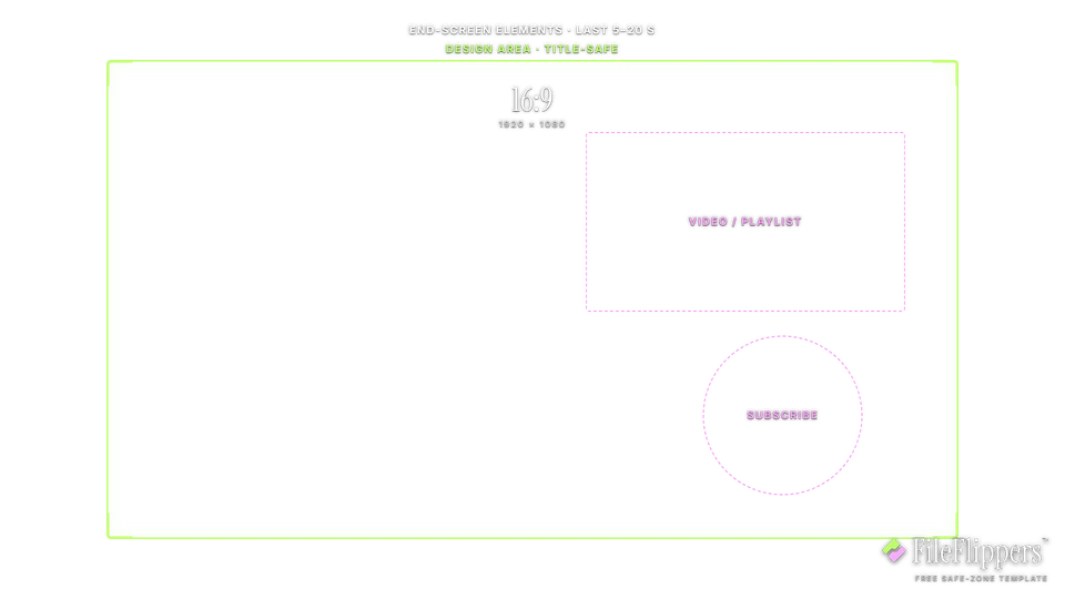 Free YouTube end screen template — 1920×1080 marking where suggested-video and subscribe elements sit so your outro stays clear — FileFlippers